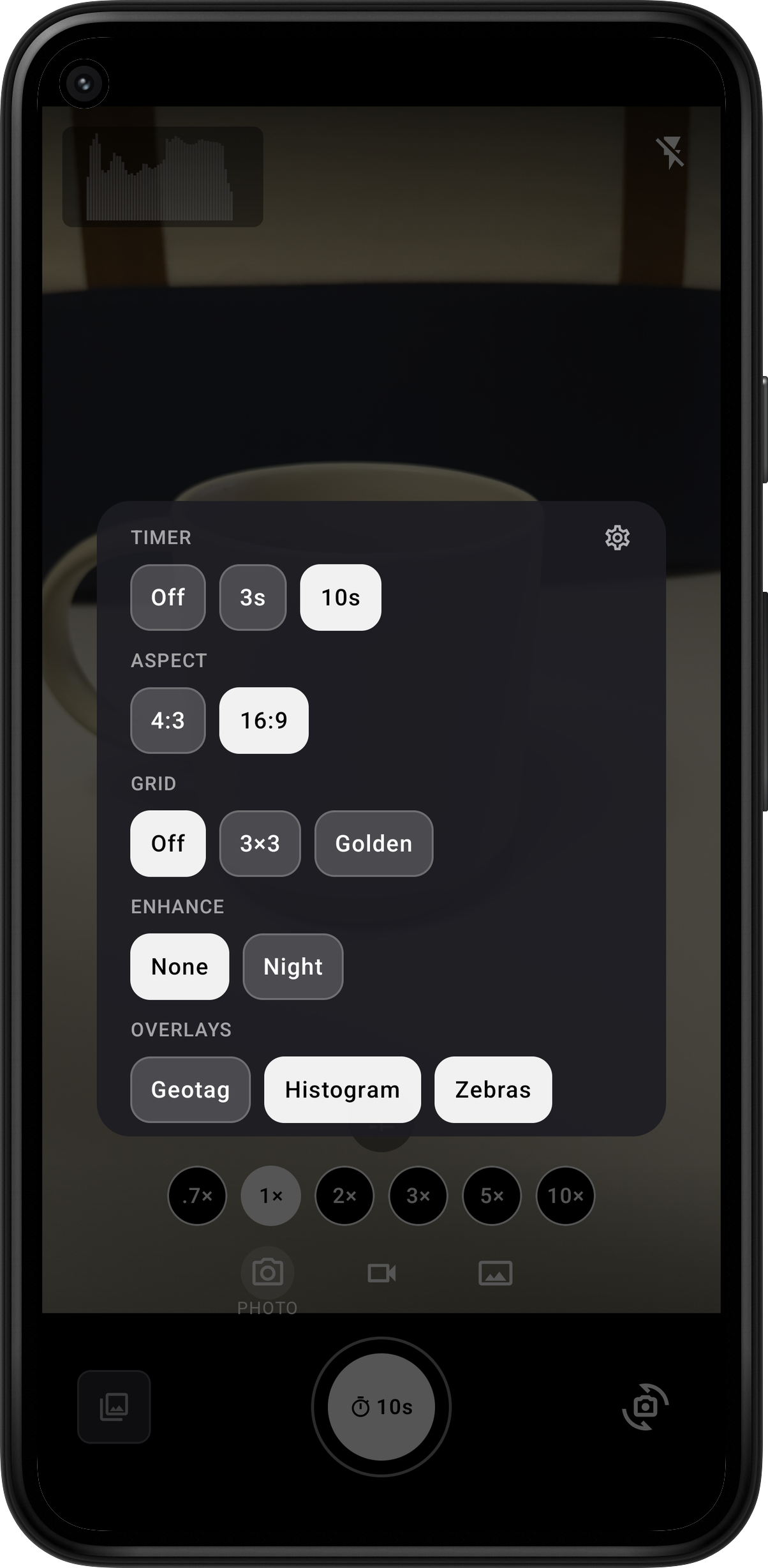 Halation's advanced controls sheet: Timer, Aspect, Grid, Enhance (Night), and Overlays (Geotag, Histogram, Zebras) each on their own row.
