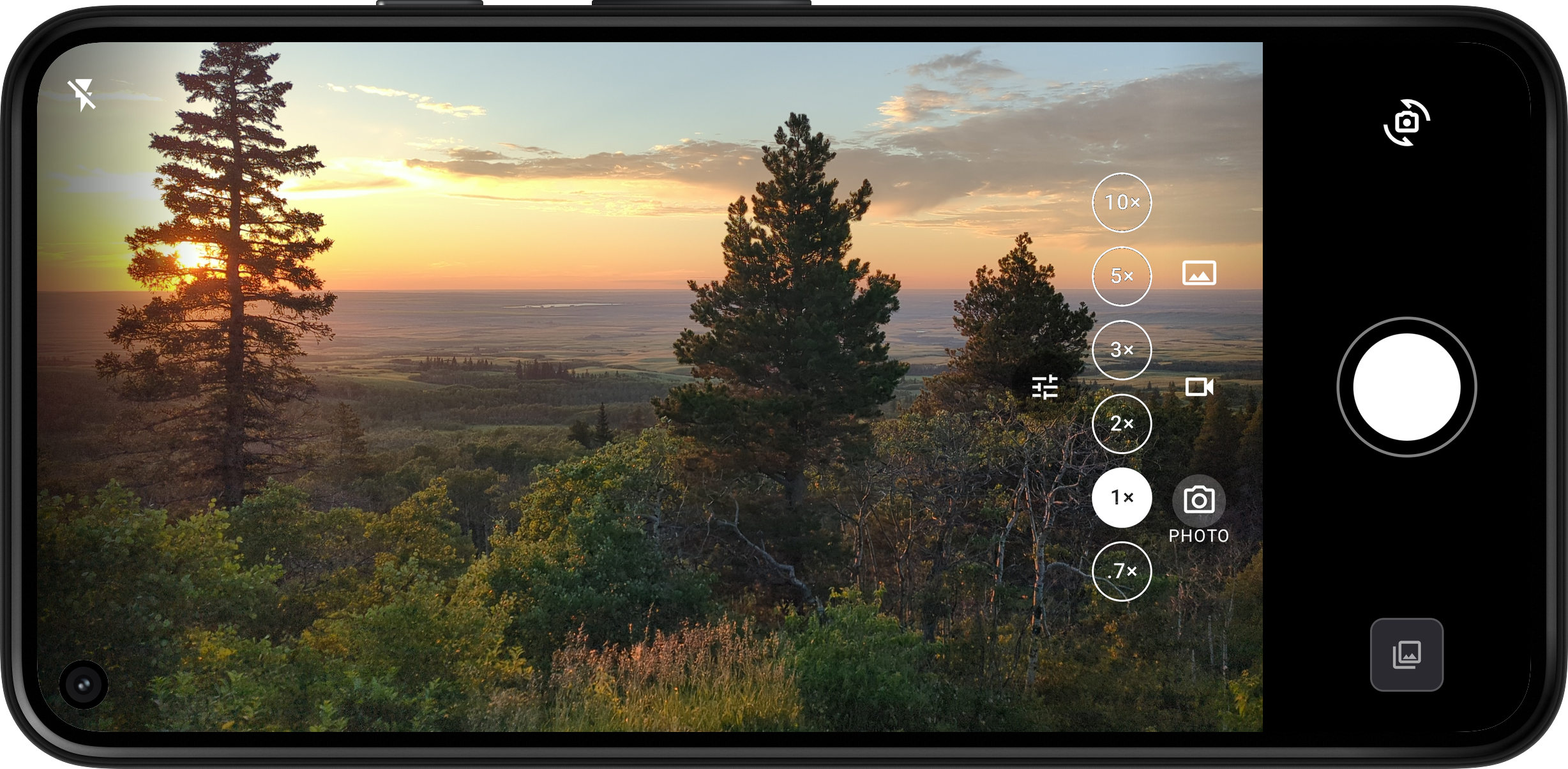 Halation viewfinder framing a sunset over pine silhouettes, with the full photo-mode chrome — zoom column, mode chips, controls, shutter — laid out around the frame.